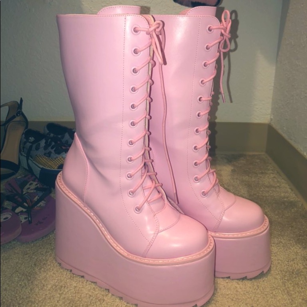 Baby pink combat boots